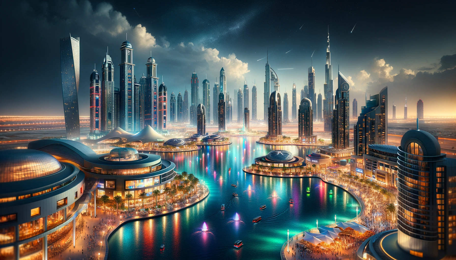 Dubai Festival City at night, illuminated by the vibrant lights from its buildings, waterfront, and the spectacular Imagine light and water show